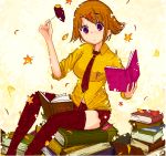  1girl autumn_leaves book breasts brown_hair food leaf looking_at_viewer miniskirt necktie oekaki orange_shirt original red_legwear red_necktie red_skirt school_uniform serafuku shirt short_hair sitting skirt solo sweet_potato thigh-highs zettai_ryouiki 