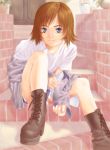  1girl boots cutoffs denim denim_shorts nama_(palette) shorts sitting solo stairs 