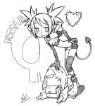  1girl :p bag belt belt_pouch bent_over blush character_name demon_girl demon_tail demon_wings disgaea etna hand_on_hip heart heart_tail lineart looking_at_viewer makai_senki_disgaea miniskirt monochrome pocket prinny simple_background skirt solo spiky_hair sweatdrop tail tongue tongue_out white_background wings 