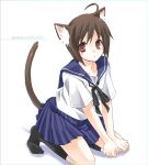  1girl animal_ears brown_eyes brown_hair cat_ears cat_tail kubyou_azami original school_uniform serafuku socks solo tail 