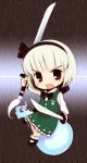  1girl chibi dual_wielding female hairband katana kito_(sorahate) konpaku_youmu konpaku_youmu_(ghost) open_mouth short_hair silver_hair solo sword touhou weapon 