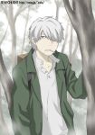  1boy cigarette forest ginko hair_over_one_eye jacket lowres male_focus midori_(searchlight) mouth_hold mushishi nature solo tree 