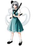  1girl blue_eyes female hairband hitodama konpaku_youmu konpaku_youmu_(ghost) looking_at_viewer short_hair silver_hair simple_background socks solo sword touhou weapon white_background yamaguchi_takashi yamaguchi_yuu 