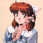  1girl 80s anice_farm borgman bow bowtie branch brown_eyes brown_hair cherry_blossoms chouon_senshi_borgman earrings flower hair_ribbon half_updo holding jewelry light_smile long_sleeves looking_at_viewer oldschool pink_background ribbon simple_background solo upper_body white_ribbon 