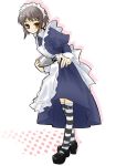  1girl footwear grey_hair holding holding_tray kneehighs leaning_forward maid maid_headdress nagato_yuki short_hair socks solo striped striped_legwear suzumiya_haruhi_no_yuuutsu takano_saki tray yellow_eyes 