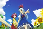  2girls blue_dress blue_hair child clouds dress eyebrows female floral_print flower garden hair_flower hair_ornament hakama hand_holding hat hat_ribbon heida_no_akyuu height_difference hieda_no_akyuu japanese_clothes kamishirasawa_keine lace lace-trimmed_skirt long_hair long_sleeves multiple_girls open_mouth phi_lin pointing puffy_short_sleeves puffy_sleeves purple_hair red_eyes red_hakama red_ribbon ribbon short_hair short_sleeves skirt sky sunflower touhou violet_eyes walking 