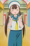  bangs brown_hair gesture long_hair moriguchi_yuuichi nyomi petopetosan school_uniform screencap serafuku twintails 