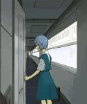  1girl ayanami_rei bag blue_hair building door from_behind hallway neon_genesis_evangelion school_bag school_uniform serafuku short_hair solo window 