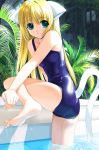  1girl :o animal_ears aqua_eyes arm_support ass barefoot blonde_hair blue_eyes cat_ears cat_tail csy feet forest leg_lift long_hair looking_back nature one-piece_swimsuit pool poolside school_swimsuit shiny shiny_clothes solo swimsuit tail wading water wet 