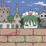  1girl =_= aliasing brick_wall city clouds creature cross directional_arrow futaba_channel graffiti green_hair iya_maid lowres maid_headdress marimo neji_(futaba) outdoors short_hair sky wall 