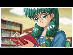  1girl 90s book bow glasses green_eyes green_hair hair_over_shoulder hair_ribbon kisaragi_mio kokura_masashi konami letterboxed long_hair low-tied_long_hair official_art oldschool ribbon school_uniform serafuku solo tied_hair tokimeki_memorial tokimeki_memorial_1 tress_ribbon twintails wallpaper yellow_bow 