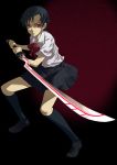  black_hair blood+ footwear katana kneehighs mizuki_makoto otonashi_saya red_eyes school_uniform serafuku short_hair socks sword weapon 