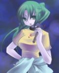  1girl blood blood_on_face bloody_clothes clothes_around_waist green_eyes green_hair hammer hand_on_hip higurashi_no_naku_koro_ni holding jacket jacket_around_waist looking_at_viewer solo sonozaki_mion sonozaki_shion yukian 