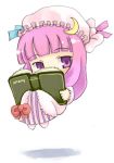  1girl book chibi crescent female kito_(sorahate) lowres patchouli_knowledge purple_hair simple_background solo touhou vertical_stripes violet_eyes 