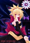  1girl bat_wings blonde_hair blush bow demon_girl detached_sleeves disgaea dress earrings jewelry kannon_ouji makai_senki_disgaea_2 nippon_ichi pointy_ears red_eyes ring rozalin solo strapless strapless_dress wings yellow_bow 