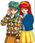  2girls 90s argyle cardigan fujisaki_shiori glasses green_eyes green_hair hair_over_shoulder hairband jacket kisaragi_mio kokura_masashi konami long_hair low-tied_long_hair multiple_girls official_art oldschool red_eyes redhead scan skirt smile tied_hair tokimeki_memorial tokimeki_memorial_1 twintails white_background 