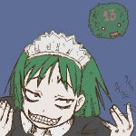  1girl aliasing bangs creature evil_grin futaba_channel green_hair iya_maid lowres maid maid_headdress marimo neji_(futaba) oekaki short_hair simple_background solo 