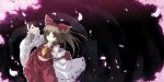 1girl ascot bow brown_eyes brown_hair cherry_blossoms detached_sleeves female from_above hair_bow hair_tubes hakurei_reimu long_hair looking_up navel outstretched_hand petals solo tokiame touhou 