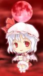  1girl bat_wings blue_hair brooch chibi cup dress female full_moon hat hat_ribbon jewelry kito_(sorahate) moon red_eyes red_moon remilia_scarlet ribbon short_hair solo teacup touhou wings 