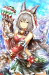  1girl animal_ears bangs breasts christmas claw_(weapon) claws collar fangs gloves granblue_fantasy hair_between_eyes hourainingyou looking_at_viewer open_mouth sen_(granblue_fantasy) silver_hair skirt smile solo weapon 