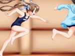  2girls blue_ribbon brown_eyes brown_hair chasing cosmos_no_sora_ni flat_chest game_cg hair_ribbon iwadate_kou long_hair multiple_girls niizawa_yasuomi one-piece_swimsuit open_mouth ribbon running sakuma_haruhi school_swimsuit swimsuit twintails 