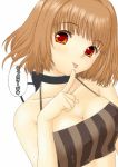  1girl :p bare_shoulders breasts brown_hair cleavage crop_top figo finger_to_mouth head_tilt original red_eyes short_hair simple_background solo tongue tongue_out upper_body white_background 