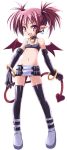  1girl bare_shoulders bat_wings black_legwear demon_girl disgaea earrings elbow_gloves etna gloves groin haga_yui jewelry makai_senki_disgaea microskirt midriff miniskirt navel panties pointy_ears red_eyes redhead skirt skull_earrings smile solo succubus tail thigh-highs twintails underwear wings 