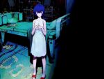  1girl ayanami_rei bed blue_hair book cable dress indoors neon_genesis_evangelion pillow sadamoto_yoshiyuki sandals short_hair solo wallpaper 