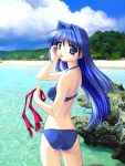  1girl arm_up ass beach bikini blue_bikini blue_eyes blue_hair blush clouds cowboy_shot from_behind hair_intakes halter_top halterneck hand_in_hair holding kanon long_hair looking_at_viewer looking_back minase_nayuki norizou_type-r ocean open_mouth photo_background red_ribbon ribbon sky solo swimsuit water 