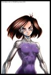  1girl 90s bodysuit breasts brown_eyes brown_hair cyborg earrings facial_mark gally gunnm gunnm_last_order jewelry kishiro_yukito lips mecha_musume muscle short_hair simple_background solo 