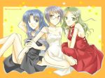  3girls 603_(lolipop) asakura_ryouko between_legs blue_eyes blue_hair brown_eyes choker dress glasses green_eyes green_hair grey_eyes hair_ornament hairclip halterneck hand_between_legs kimidori_emiri knees_up long_hair looking_at_viewer multiple_girls nagato_yuki short_hair silver_hair sitting star strapless strapless_dress suzumiya_haruhi_no_yuuutsu wariza yuri 