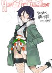  1girl 2017 black_hair blush breasts closed_eyes dated eyebrows_visible_through_hair fishnets green_coat hands_in_pockets happy_new_year kusada large_breasts looking_at_viewer new_year open_mouth original short_hair sideboob smile solo teeth thigh-highs translated 