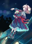  1girl alice_margatroid ankle_boots blonde_hair boots capelet closed_eyes doll dutch_angle female floating_hair hairband holding kusanagi_kikoku night night_sky outdoors outstretched_arm ribbon rooftop shanghai_doll skirt sky solo touhou wind 
