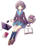  book cardigan computer footwear kneehighs kotonemaru laptop nagato_yuki school_uniform serafuku socks suzumiya_haruhi_no_yuuutsu 