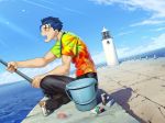 1boy bucket can cigarette fate/hollow_ataraxia fate/stay_night fate_(series) fishing fishing_rod game_cg holding lancer lighter lighthouse male_focus solo takeuchi_takashi 