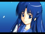  1girl asakura_ryouko blue_eyes blue_hair half_updo long_hair school_uniform serafuku solo suzumiya_haruhi_no_yuuutsu 