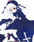  00s 1girl blue_dress cross-laced_clothes dress hairband lolita_hairband long_hair looking_at_viewer lowres pink_hair rozen_maiden silver_hair simple_background solo suigintou utsubushi_satsuki white_background 