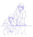  2boys hand_on_hip koizumi_itsuki kyon lowres male_focus monochrome multiple_boys necktie purple sitting smile suzumiya_haruhi_no_yuuutsu table tea 