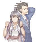  1boy 1girl ayasato_mayoi bead_necklace beads black_hair blush bracelet brown_eyes buttons capcom clenched_hands collarbone collared_shirt formal green_eyes gyakuten_saiban half_updo japanese_clothes jewelry kafu long_sleeves looking_at_viewer magatama naruhodou_ryuuichi necklace parted_lips sash scratching_head shirt smile suit sweatdrop upper_body white_background 