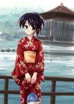  blue_eyes bridge japanese_clothes kimono original orino_yushi pagoda purple_hair updo water yukata 