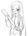  1girl baseball_bat long_hair lowres monochrome simple_background solo suzumiya_haruhi_no_yuuutsu tsuruya very_long_hair wink 