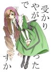  00s 1girl bent_over boots bowing brown_hair dress drill_hair green_eyes head_scarf heterochromia long_dress long_hair morisoban pantyhose red_eyes rozen_maiden scarf solo straightchromia suiseiseki translated translation_request twin_drills very_long_hair 