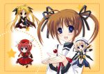  4girls arm_belt belt black_wings blonde_hair blue_eyes braid brown_hair cape chibi fate_testarossa fingerless_gloves gloves gothic_lolita hair_ribbon hat hayashi_sakura jacket lolita_fashion long_hair lyrical_nanoha magical_girl mahou_shoujo_lyrical_nanoha mahou_shoujo_lyrical_nanoha_a&#039;s multiple_girls multiple_wings open_clothes open_jacket raising_heart red_eyes redhead ribbon short_twintails sitting takamachi_nanoha thigh-highs twin_braids twintails unison very_long_hair violet_eyes vita waist_cape wings yagami_hayate 