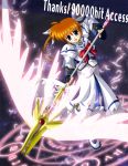  1girl :d ahoge bow bowtie brooch engrish feathers fingerless_gloves gloves hits holding holding_weapon jewelry long_sleeves looking_at_viewer lyrical_nanoha magazine_(weapon) magic_circle magical_girl mahou_shoujo_lyrical_nanoha mahou_shoujo_lyrical_nanoha_a&#039;s open_mouth orange_hair polearm raising_heart ranguage red_bow redhead robe short_hair short_twintails smile solo spear takamachi_nanoha takase_shin&#039;ya twintails violet_eyes weapon wings 