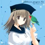 1girl bird bird_on_hand blush grey_eyes grey_hair hat lowres mitsumi_misato original ruu school_uniform serafuku solo 