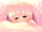  1girl bed blush brown_eyes chinchickrin original peeking_out pink_hair solo tears under_covers 