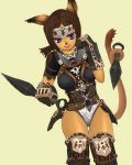  1girl animal_ears blue_eyes brown_hair cat_ears cat_tail final_fantasy final_fantasy_xi gauntlets headband kunai mithra ninja ninja_(final_fantasy) solo tail tongue tongue_out weapon 