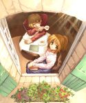  1boy 1girl blonde_hair blouse book chair cup from_above green_eyes light_rays looking_at_viewer looking_up open_window red_eyes saucer short_ponytail sitting skirt smile sunbeam sunlight table tea teacup ueda_ryou window 
