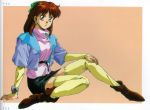  1girl 80s anice_farm borgman brown_eyes brown_hair chouon_senshi_borgman half_updo oldschool orange_background scan solo thigh-highs yellow_legwear 