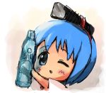  1girl binchou-tan binchou-tan_(character) blue_hair bottle lowres ramune solo 